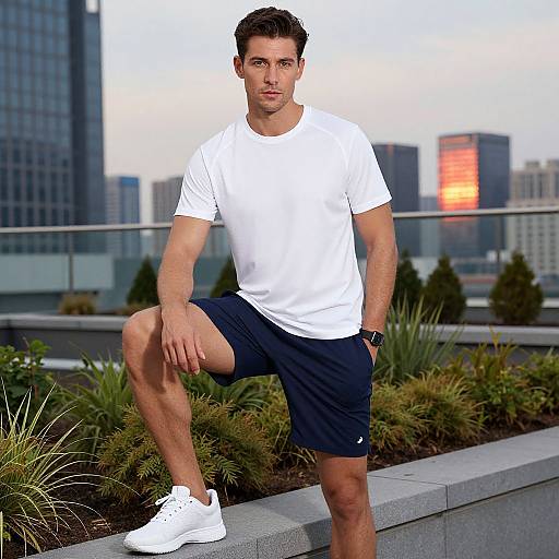 Photograph of a fit, handsome man with short dark hair, wearing a white t-shirt, navy shorts, and white sneakers, standing with one knee
