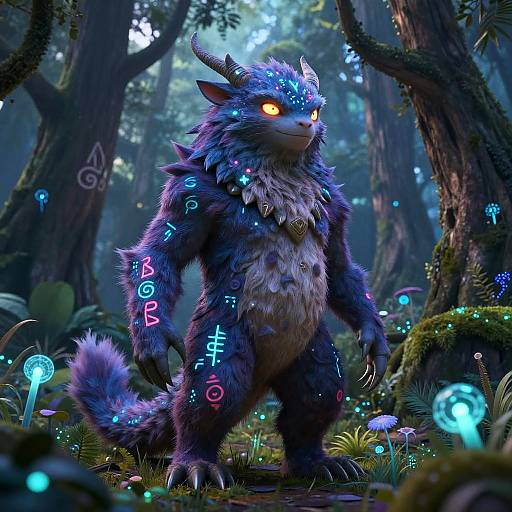 Digital CGI of a glowing, blue-purple, furry, horned creature with neon symbols, standing in a mystical forest with luminescent mushrooms and bi