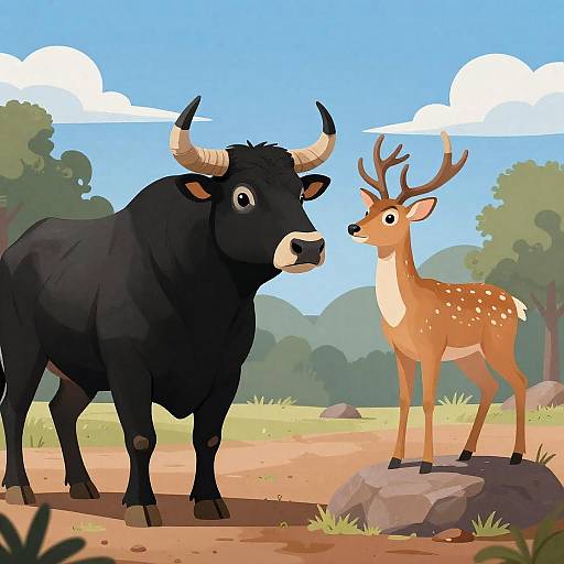 Bull and Deer Standoff on Rock