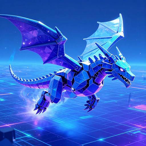 Digital artwork of a glowing blue, robotic dragon with crystal-like wings soaring through a neon-lit, grid-patterned futuristic space.