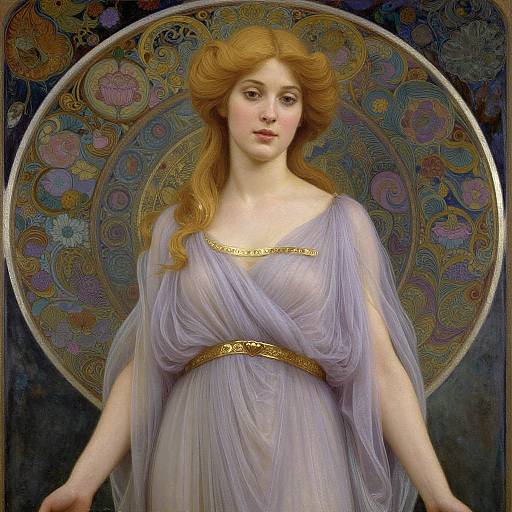 Digital painting of a fair-skinned, red-haired woman with flowing hair, wearing a translucent lavender gown with a gold belt, standing against an ornate