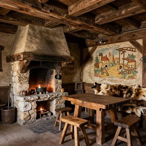 Cozy rustic cabin with stone fireplace, wooden beams, wooden table, two wooden stools, and two fluffy cats; colorful village mural on wall.