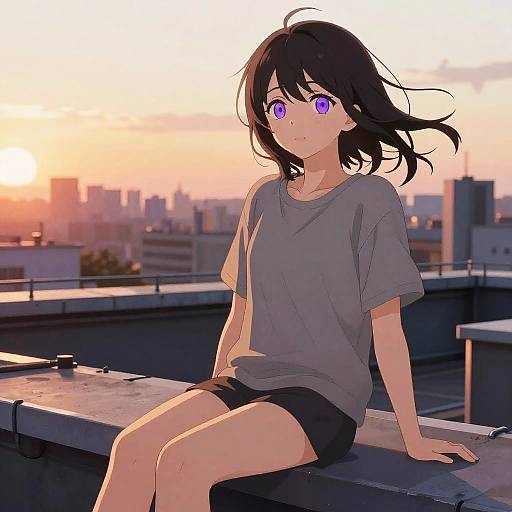 Serene Purple-Eyed Anime Rooftop Scene