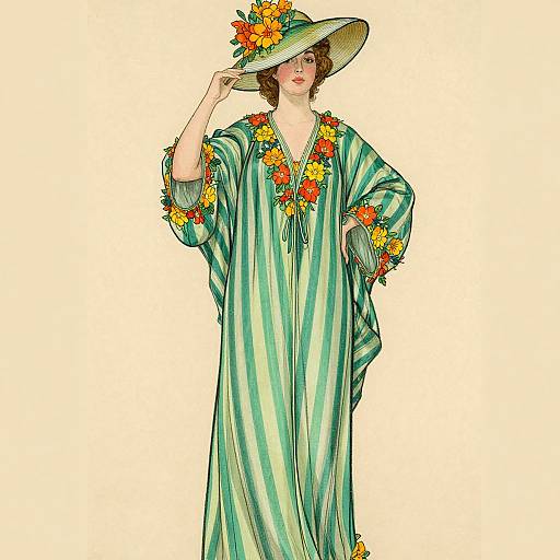 Digital illustration of a woman in a green and white striped robe adorned with sunflowers, wearing a sunflower-decorated hat, standing against a plain