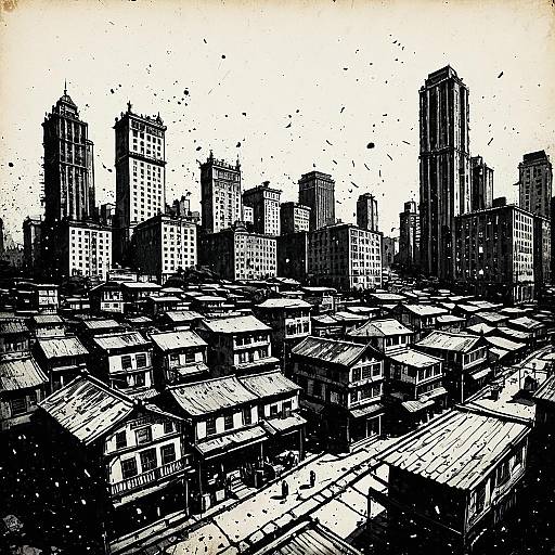 Grungy Ink Cityscape with Skyscrapers and Rooftops