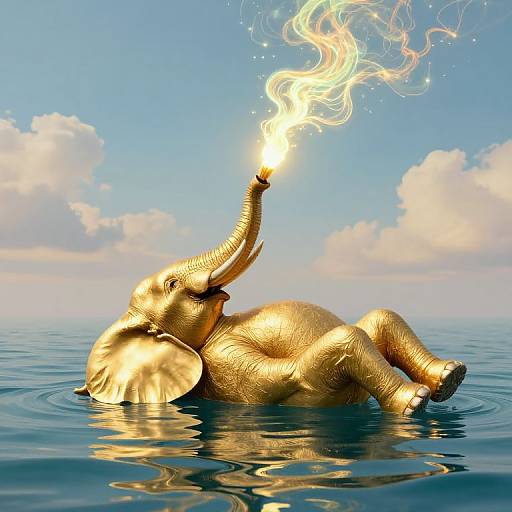 Golden elephant lying in calm ocean water, holding a magical, swirling flame above its head against a blue sky with clouds.