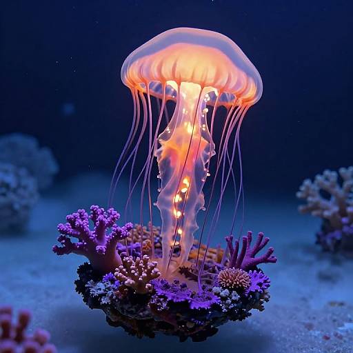 Photograph of a glowing orange jellyfish with translucent tentacles, floating above a colorful coral reef in a deep blue ocean.