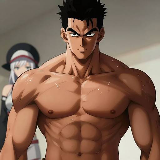 Digital anime-style drawing of a muscular, shirtless, dark-haired man with intense eyes, standing in front of a blurred figure in a black hat and