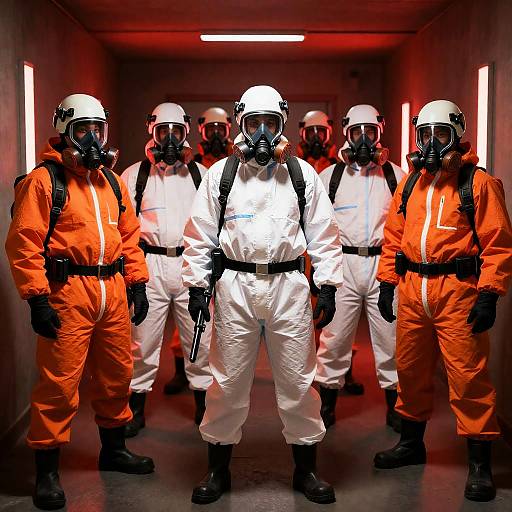 Group in Hazmat Suits with Gas Masks in Corridor