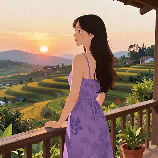 Young Woman in Purple Dress Overlooking Terraced Fields at Sunset