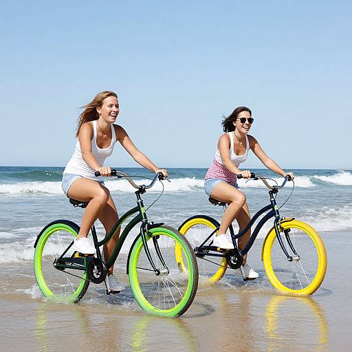 Photograph of two women biking on a sunny beach, one with green wheels, one with yellow, both in white tank tops and shorts, waves in