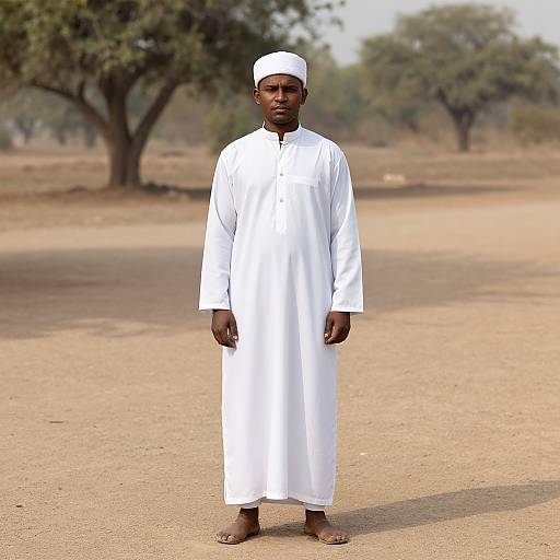 Photograph of a dark-skinned man standing in a dry, tree-filled landscape, wearing a white long-sleeve traditional tunic and white cap