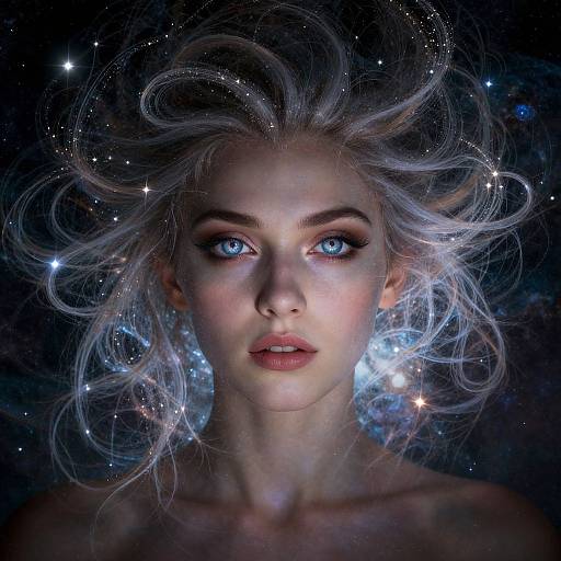 Digital portrait of a fair-skinned woman with glowing blue eyes and flowing silver hair, surrounded by sparkling stars against a dark cosmic background. Ethereal and
