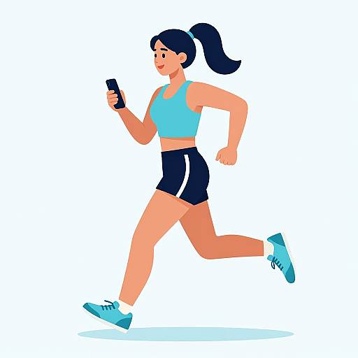 Digital illustration of a fit woman with dark hair in a ponytail, wearing a light blue sports bra, black shorts, and blue sneakers, running while