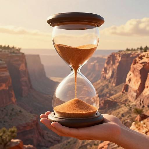 Photograph of a hand holding an hourglass with sand, set against a stunning sunset over a desert canyon landscape.