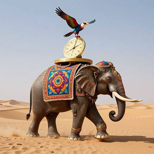 Photograph of an ornate, black elephant with colorful, patterned saddle blanket and gold clock on back, standing in desert, with a colorful bird