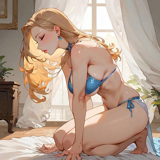 Blonde Woman in Blue Bikini Indoors