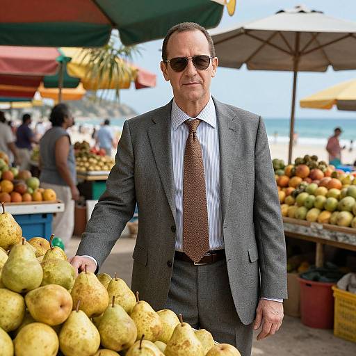 Photograph of a middle-aged man in a gray suit, brown tie, and sunglasses, standing in a tropical market with piles of yellow pears and