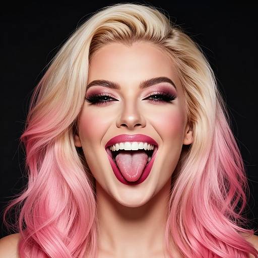 Photograph of a blonde woman with pink-tipped hair, large smile, eyes closed, tongue out, bright pink lipstick, black background.