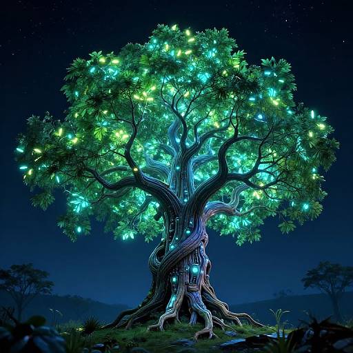 Digital artwork of a glowing, bioluminescent tree with vibrant blue and green lights, set against a dark, starry night sky.