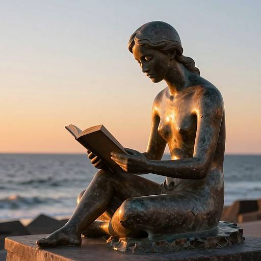 Photograph of a bronze statue of a topless, braided-haired woman reading a book at sunset, seated on a beach stone.