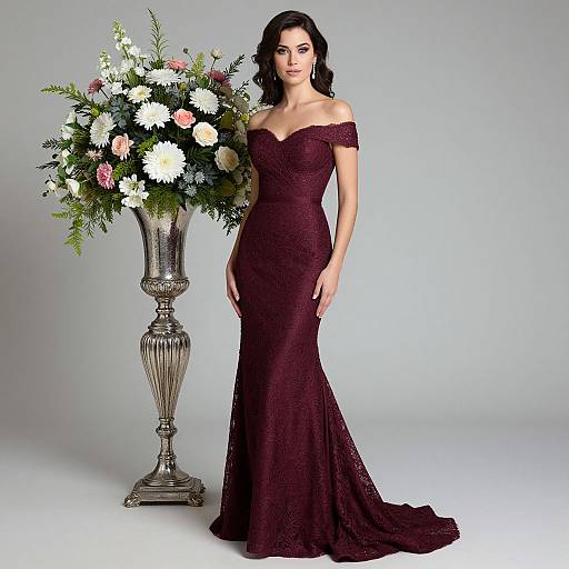 Photograph of a dark-haired woman in an off-shoulder, deep burgundy, form-fitting gown standing beside a tall, ornate vase