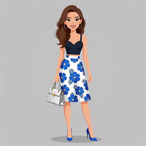 Digital illustration of a smiling woman with long brown hair, wearing a black top, white floral skirt, blue high heels, and holding a white handbag