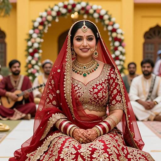 Photograph of a beautiful Indian bride in a red and gold embroidered saree, veiled, adorned with jewelry, smiling, seated at a wedding ceremony