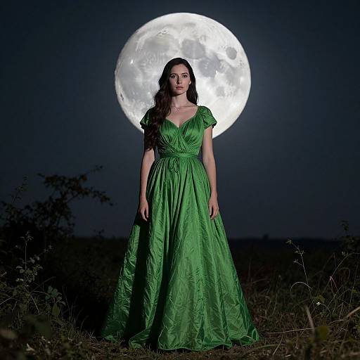 Photograph of a woman with long brown hair in a green, flowing dress standing in front of a bright full moon, against a dark night sky with