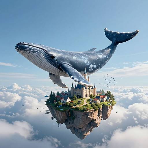 Digital artwork of a massive blue whale soaring above a floating, medieval-style castle with greenery, surrounded by fluffy white clouds.