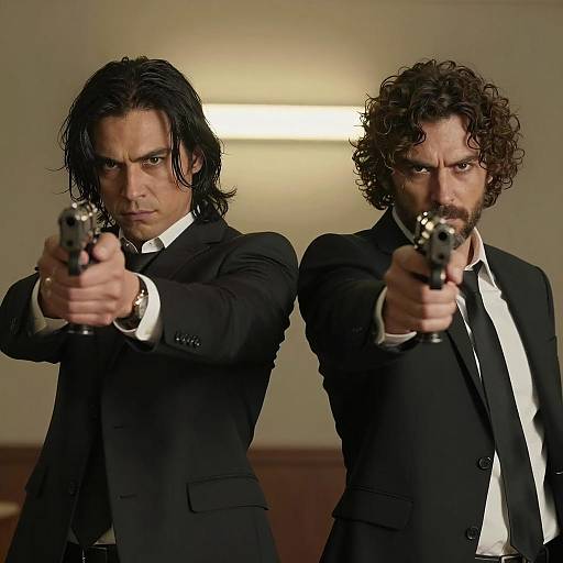 Intense Duo in Black Suits and Guns