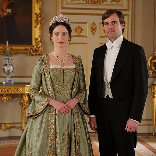 Photograph of a regal couple: woman in an ornate green gown with gold embroidery, pearl necklace, and tiara; man in black t