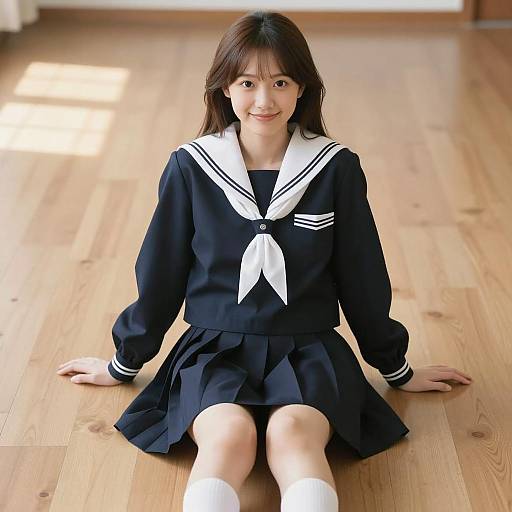 Smiling Asian Woman in Sailor Uniform