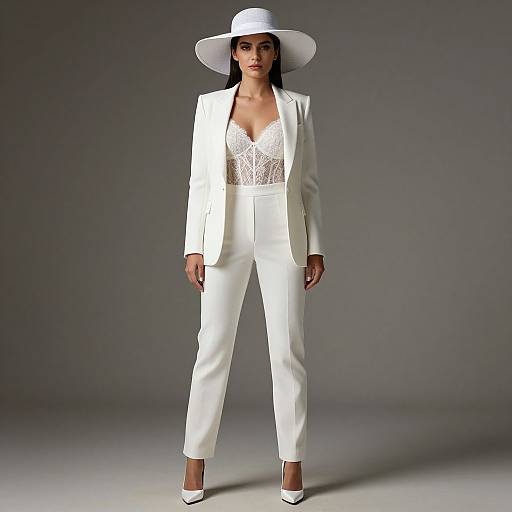 Photograph of a confident woman in a white suit, lace bodice, and wide-brim hat, standing against a gray background.