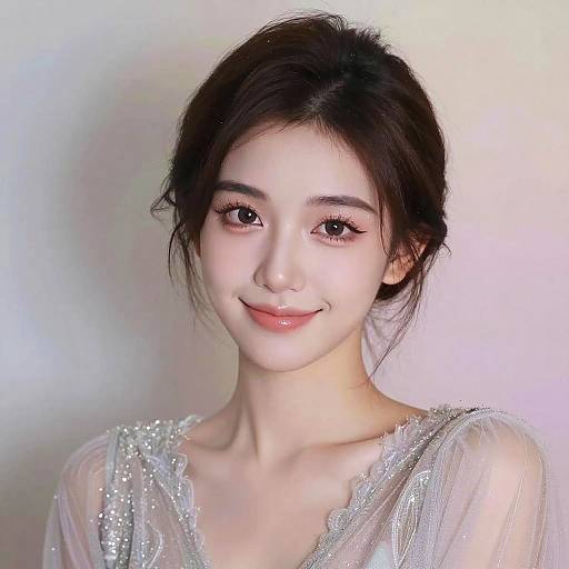 Photograph of a young Asian woman with fair skin, dark brown hair in a loose updo, wearing a sparkling silver dress, smiling softly against a