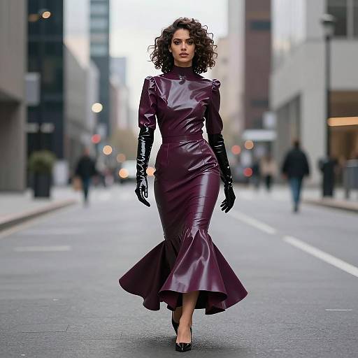 Fashion Model in Plum Latex Dress Walking in City
