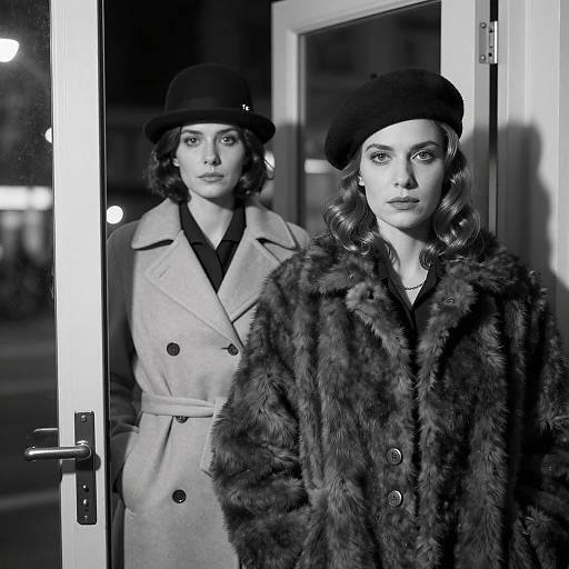 Black and White Portrait of Two Women in Vintage Coats