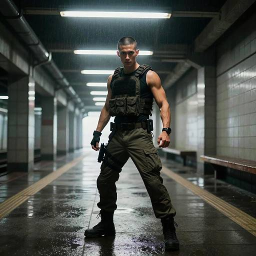 Photograph of a muscular, serious-looking male soldier in black tactical gear standing confidently in a dim, wet subway tunnel.