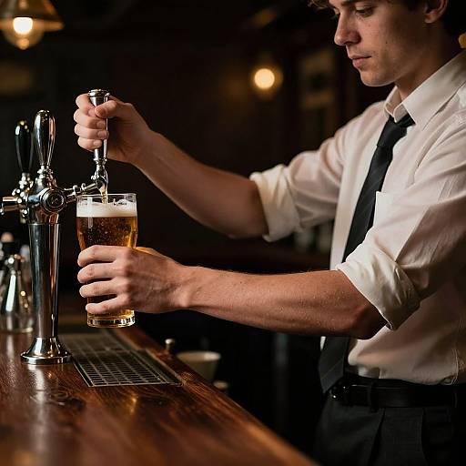 Photograph of a young man in a white shirt and black tie pouring beer from a glass pitcher into a glass, standing at a dark wooden bar.