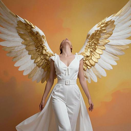 Photograph of a woman with golden wings and white dress, head tilted back, against an orange sunset background, exuding divine grace.
