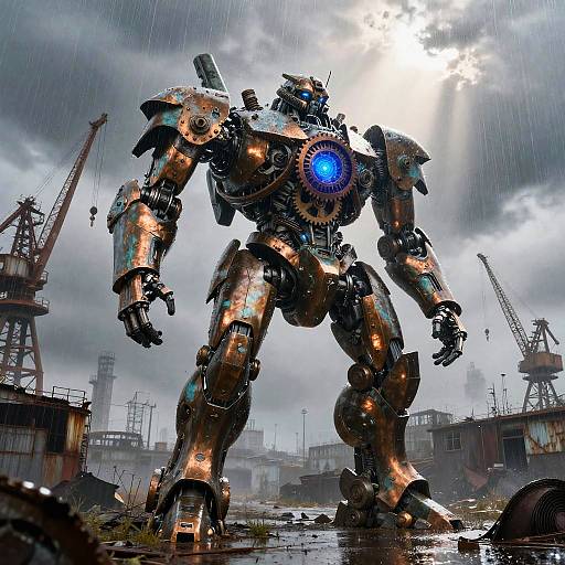 Colossal Bronze Mech with Glowing Core in Rainy Industrial Harbor