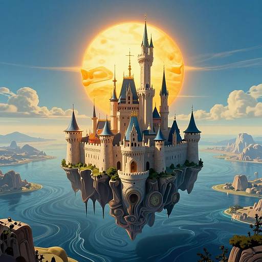 Digital artwork of a majestic, sunlit, floating castle with spires and turrets, surrounded by a vast, blue, swirling ocean and distant islands