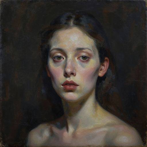 Realistic oil painting of a young woman with pale skin, dark brown hair, and solemn expression, set against a dark background.
