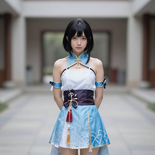 Photograph of an Asian woman with short black hair, wearing a blue and white Chinese-inspired cosplay dress, standing in a blurred outdoor corridor.
