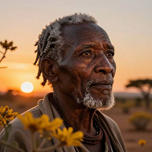 Photograph of an elderly African man with gray dreadlocks and beard, wearing a brown shirt, gazing at a vibrant sunset in a desert landscape with