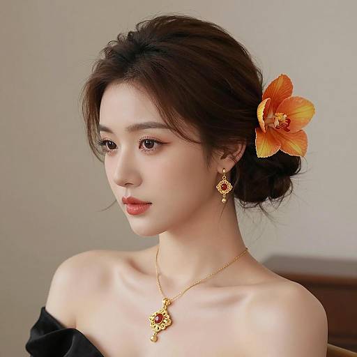 Elegant Asian Woman with Floral Hair Bun