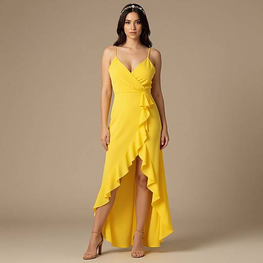 Photograph of a woman with dark hair wearing a bright yellow, asymmetrical, knee-length dress with a thigh-high slit, and beige high heels,