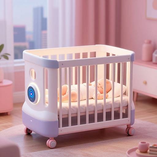 Photorealistic CGI of a modern, glowing white baby crib with blue circular light, pink room, and soft toys inside.