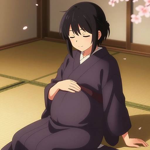 Digital anime-style drawing of a pregnant woman with short black hair, wearing a dark purple kimono, sitting on a tatami mat floor, eyes closed