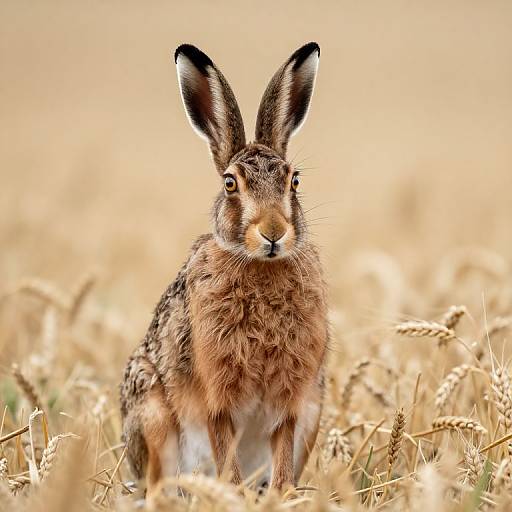 Photograph of a brown hare with black-tipped ears, standing in a golden wheat field, looking directly at the camera.